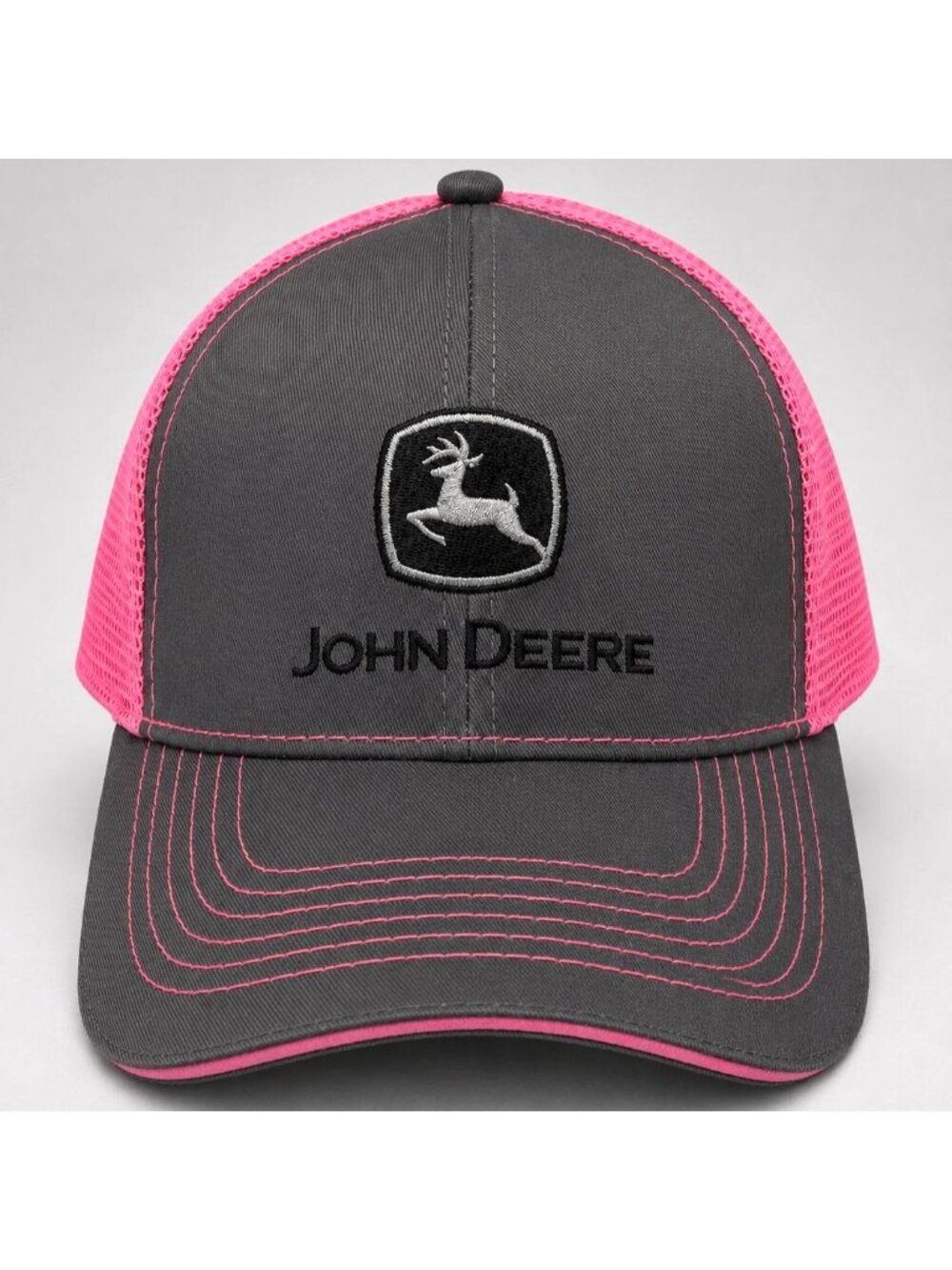 John Deere Womens Trucker Hat Pink Gray Embroidered Logo Mesh Back Cap